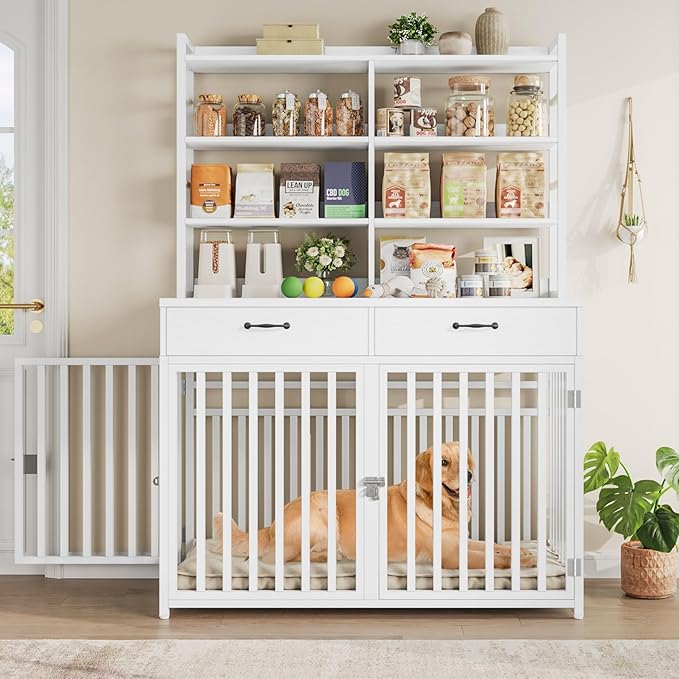 Keyluv 71''H x 47.2''W Large Dog Crate Furniture with 4-Tier Shelves and 2 Storage Drawers, Heavy Duty Dog Cage Furniture with 2 Doors, Wood & Metal Dog Kennel Indoor for Small/Medium/Large Dog, White