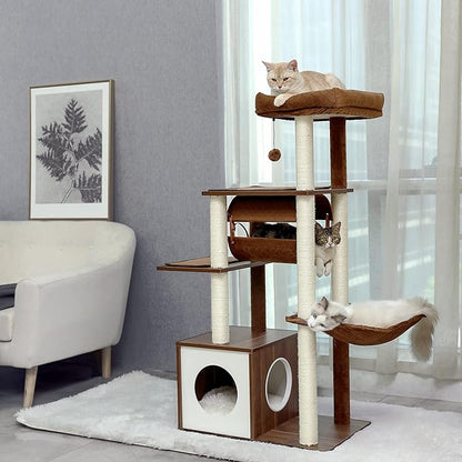 PEQULTI 51.4 Inches Modern Cat Tree Premium 6 Levels Wooden Cat Tower with Fully Sisal Covered Scratching Posts, Cozy Condo, Spacious Perch, Super Large Hammock and Swing Tunnel for Indoor Cats Brown