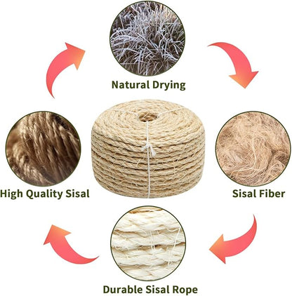 Cat Natural Sisal Rope 1/4 Inch 6mm 164-Feet for Cat Scratching Post Tree Tower Replacement Repair and Replace, DIY Hemp Twine Rope for Cat Scratching Furniture Window Perch and Crafts Gardening