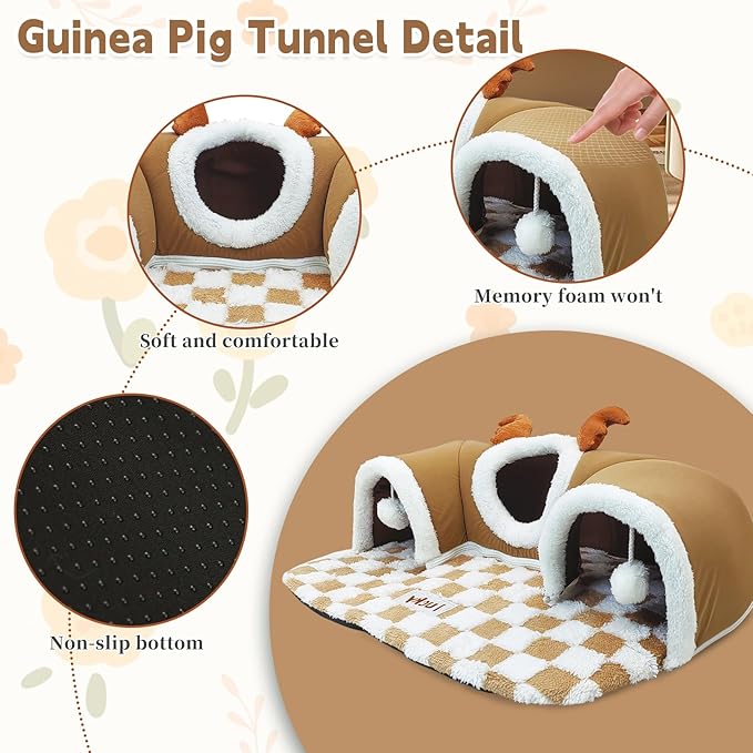 PINVNBY 3 Pcs Guinea Pig Hideout and Tunnel Bed, Removable Soft Bunny Tunnel Tube with Guinea Pig Liner Small Animal Tunnel Toy for Ferrets Hamster Hedgehog Kitty Chinchilla