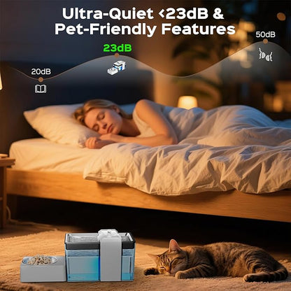 Automatic Cat Water Fountain with Food Bowl – 2.2L/74oz 2-in-1 Pet Water Dispenser & 304 Stainless Steel Bowl, Ultra-Quiet, LED Indicator, BPA-Free, Smart Shut-Off for Cats and Dogs