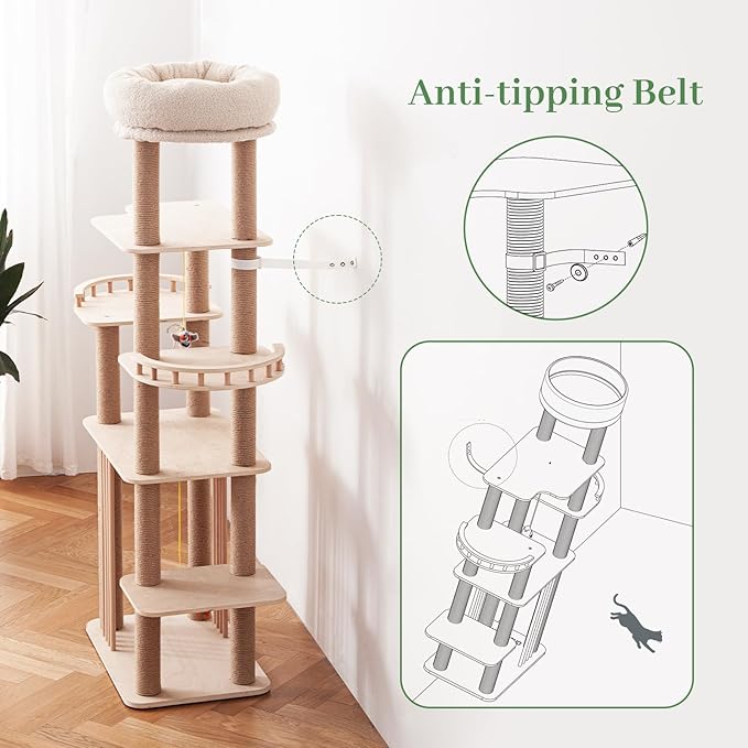 Choc chick Wood Cat Tree for Indoor Cats Large Adult, 68 Inches Tall Multi Level Cat Tower with Scratching Post Sisal-Covered, Modern Cat Tree Plush Cattery Chirping Bird Cat Toy