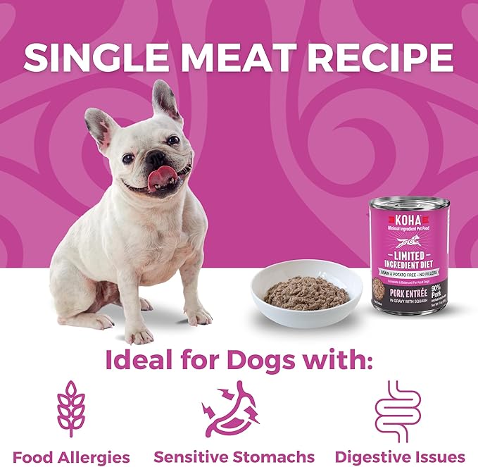 KOHA Limited Ingredient Diet Pork Entrée for Dogs- Sensitive Stomach Canned Dog Food - High Protein, No Fillers Pate Dog Food - 13 oz Pack of 12