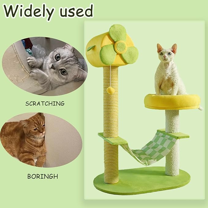 Modern Cat Tree Tower with Hammock, 33.8-inch Compact Scratching Post, Featuring Plush Cat Bed and Hanging Ball, Multi-Level Cat Furniture for Indoor Cats. Green