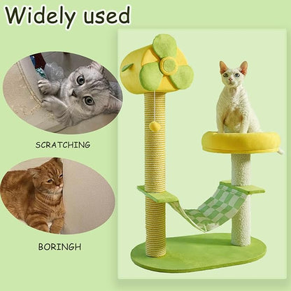 Modern Cat Tree Tower with Hammock, 33.8-inch Compact Scratching Post, Featuring Plush Cat Bed and Hanging Ball, Multi-Level Cat Furniture for Indoor Cats. Green