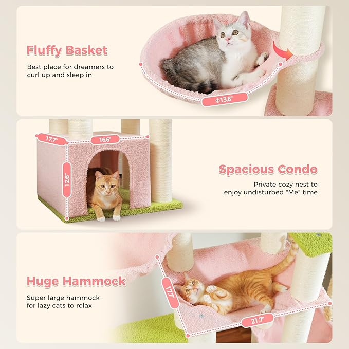 Pink 67" Heavy Duty Cat Tree for Indoor Cats Large Adult, XXL Cat Tower with 13 Thick Scratching Posts (φ4.3), Large Perch, Spacious Condo & Big Hammock - for Maine Coon up to 20 lbs