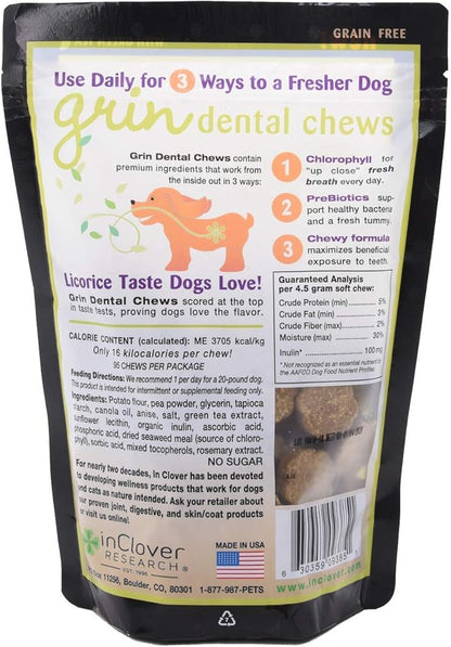 Grin Daily Dental Care Chews for Dogs, Grain Free Formula for Clean Teeth and Fresh Breath, Scientifically Formulated, Stop Plaque and Tartar with Antibacterials and Prebiotics, 4oz/25ct