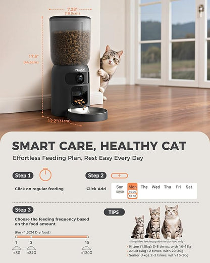 AI Automatic Cat Feeder with Dual Cameras (1 Adjustable), 2K HD Night Vision, 5G/2.4G WiFi, 6L Automatic Pet Feeder with APP Control, Laser Interactive Toy, Two-Way Audio & Scheduled Feeding