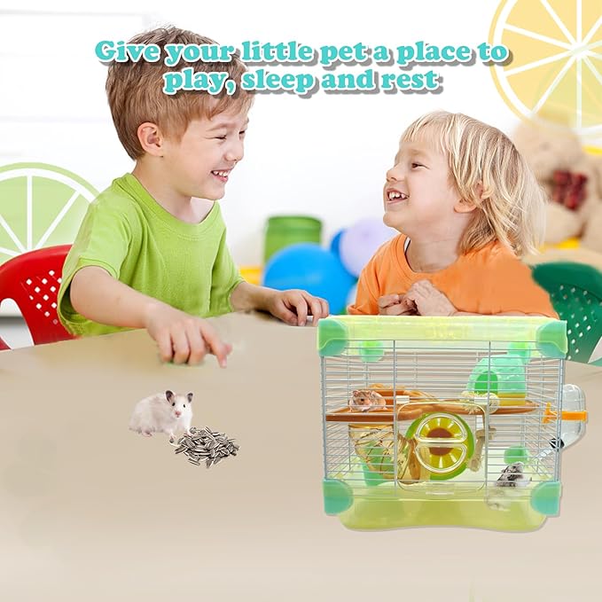 2 Layers Hamster Cage with Tubes Mouse Cage with Accessories Water Bottle Food Dish Transparent Hamster Habitat with Exercise Wheel for Hamster Guinea Pig Gerbil (10.9" x 8.1" x 9.8" Yellow)