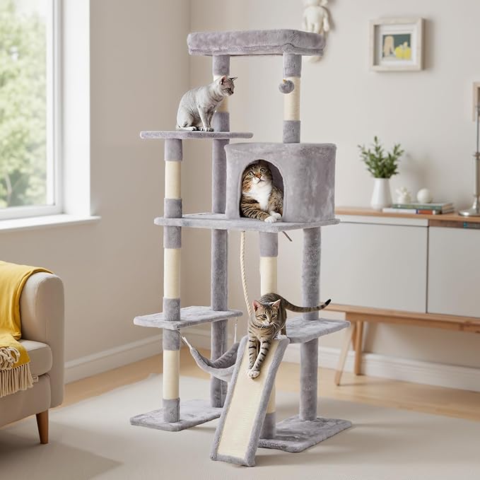 Sweetcrispy 63 inch Cat Tree Tower, Large Multi Level Cat Climbing Tower with Condo, Natural Sisal Scratching Posts, Extended Platform, Hammock, Pet House for Indoor Cats and Kittens Play, Grey