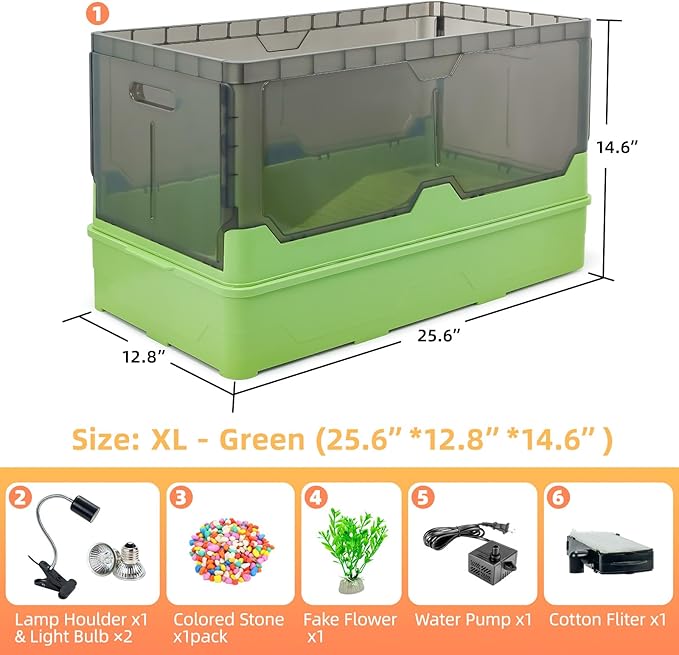 Turtle Habitat Tank Kit– Fresh Filtration, Waterplay Fun, Diverse Living, Heat Lamp, Water Pump and Convenient Water Changes in Turtle cage (Green, XL)
