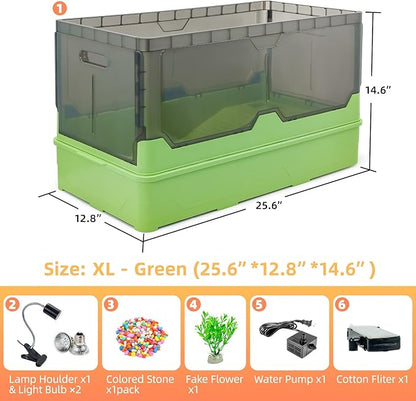 Turtle Habitat Tank Kit– Fresh Filtration, Waterplay Fun, Diverse Living, Heat Lamp, Water Pump and Convenient Water Changes in Turtle cage (Green, XL)