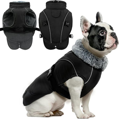 DENTRUN Small Dog Winter Warm Coat - Windproof Cozy Jacket, Thick Fleece Vest with Adjustable Belt, Water Repellent, Reflective Dog Sweater for Yorkie Dachshund Wear, Black, S