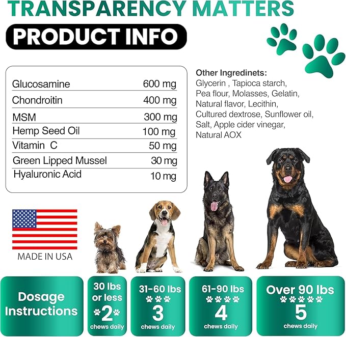 Grateful Pawz Hemp Hip and Joint Supplement for Dogs - Glucosamine for Dogs - 170 Joint Pain Relief Treats - Chondroitin, MSM - Advanced Health Supplement - Beef Liver Flavor - Made in USA