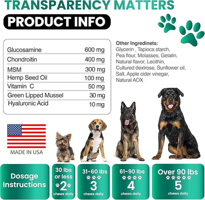 Grateful Pawz Hemp Hip and Joint Supplement for Dogs - Glucosamine for Dogs - 170 Joint Pain Relief Treats - Chondroitin, MSM - Advanced Health Supplement - Beef Liver Flavor - Made in USA