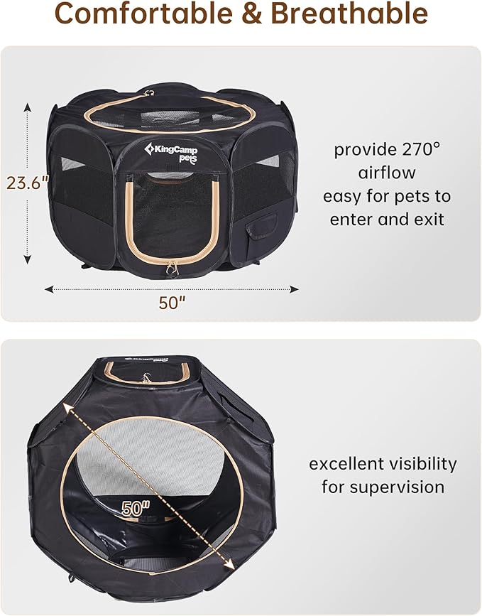 KingCamp Dog Playpen, Portable Foldable Cat Kitten Puppy Tent Crates 29"/36"/50" Pop Up Pet Playpen with Zippered Bottom & Cover for Indoor Outdoor Use (X-Large, Jet Black)