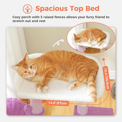 Cat Tree for Indoor Cats with Metal Frame Carpet Hammock, 32" Cute Cat Tower with Cozy Condo, Top Perch, Scratching Posts, and Replaceable Ball Toy, Pet Furniture for Small Cats & Kittens, Purple