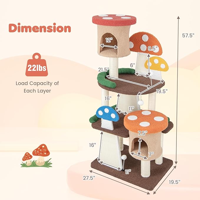 Tangkula Mushroom Cat Tree, Multi-Level Cute Cat Tower with Full-Wrapped Sisal Posts, Scratching Boards & Interactive Balls, 2 Cat Condo, Flower Cat Tree Tower for Indoor Cats Large Adult (57.5 Inch)