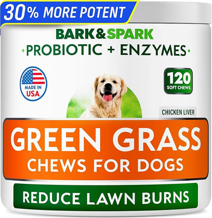BARK&SPARK Green Grass Chews - Dog Pee Grass Spot Saver Caused by Dog Urine - Urine Neutralizer for Lawn, Gut Health Probiotics & Enzymes, Lawn Burn from Pee, Grass Burn Spot Chews Rocks