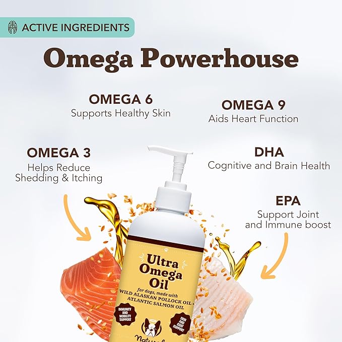 Natural Dog Company Ultra Omega Oil for Dogs a 2000 MG Omega 3, 6, 9 with Salmon, Pollock & Flaxseed Oil, EPA & DHA, Dog Supplement for Skin, Coat, Joints, Allergy & Itch Relief, Dog Fish Oil 16oz