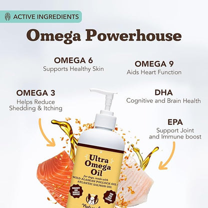Natural Dog Company Ultra Omega Oil for Dogs a 2000 MG Omega 3, 6, 9 with Salmon, Pollock & Flaxseed Oil, EPA & DHA, Dog Supplement for Skin, Coat, Joints, Allergy & Itch Relief, Dog Fish Oil 16oz