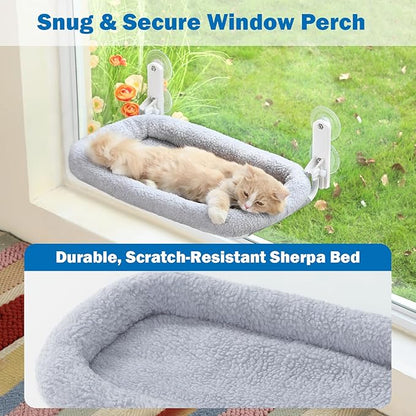 Zakkart Foldable Cat Hammock for Window - Cordless, Embeded Machine Washable Bed, Robust Metal Frame - Cat Window Perch for Large Cats and Kittens (Gray Bolster Bed, Large)