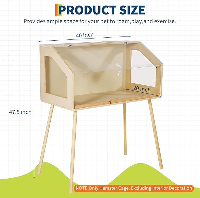 Hamster Cage with Legs,Large Hamster Habitats Chew Proof,Guinea Pig Cages with Acrylic Window & Openable Top,Small Animal Cage for Guinea Pig, Chinchilla, Gerbil - 40" l x 20" w x 47.5" h