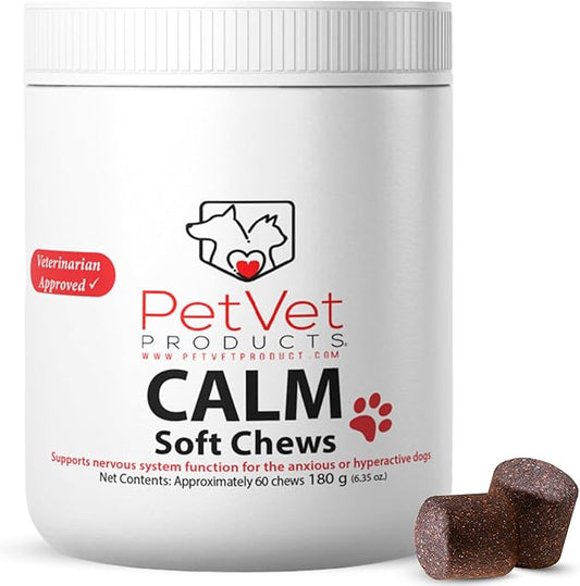 Pet Vet Calming Chews for Dogs – Dog Anxiety Relief (Beef Liver Flavor 60 Chews) – Stress Relief, Dog Supplements for Hyperactive & Anxious Dogs – Dog Anxiety Chews for Relaxation, Dog Care Products