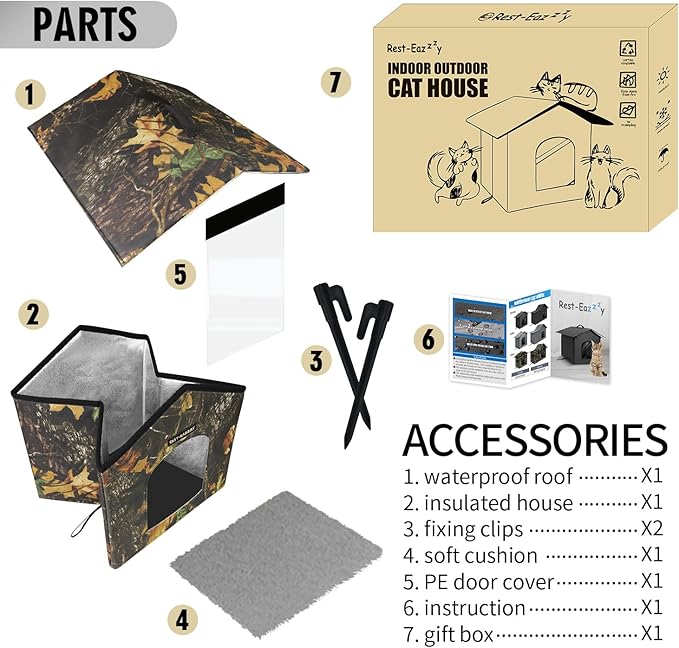 Rest-Eazzzy Outdoor Cat House, Feral Cat House Insulated with Mat and Clip, Weatherproof and Insulated, Cat Beds for Cats Kittens Puppies, Never Blow Away (Leaf, S 13" X 13" X 14")