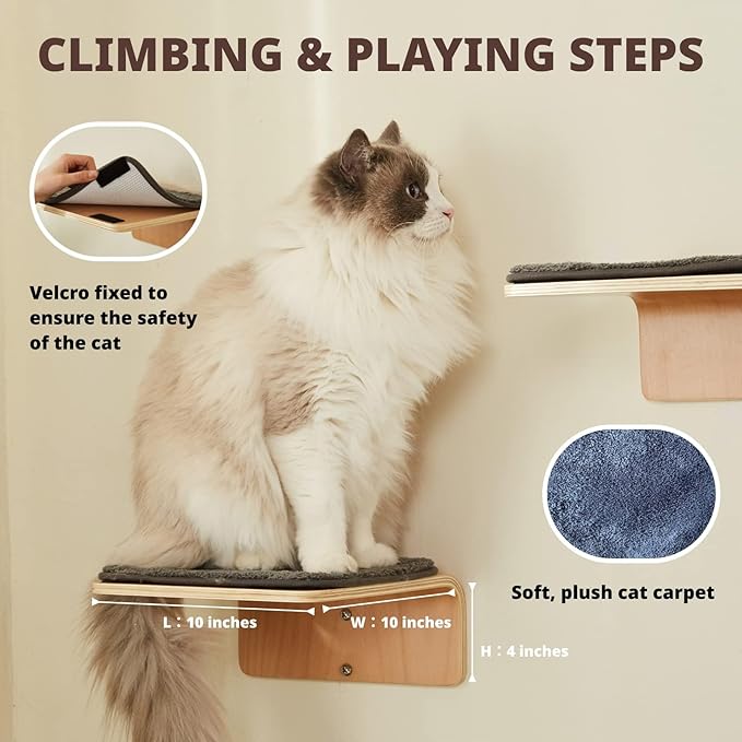 Cat Wall Shelf with Two Steps - Curved Cat Shelves and Perches for Wall (Large Size) - Wall Mounted Cats Furniture for Sleeping, Playing, Climbing, and Lounging