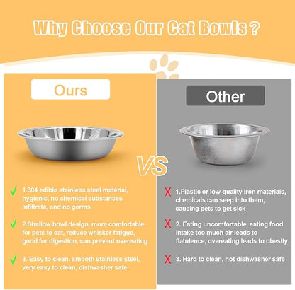 2 PCS Stainless Steel Cat Bowl - Shallow Wide Flat Cats Food Bowls,Metal Kitten Dishes Whisker Friendly Fatigue Relief,Replacement Basic Kitty Plates for Elevated Stand,Dishwasher Safe…