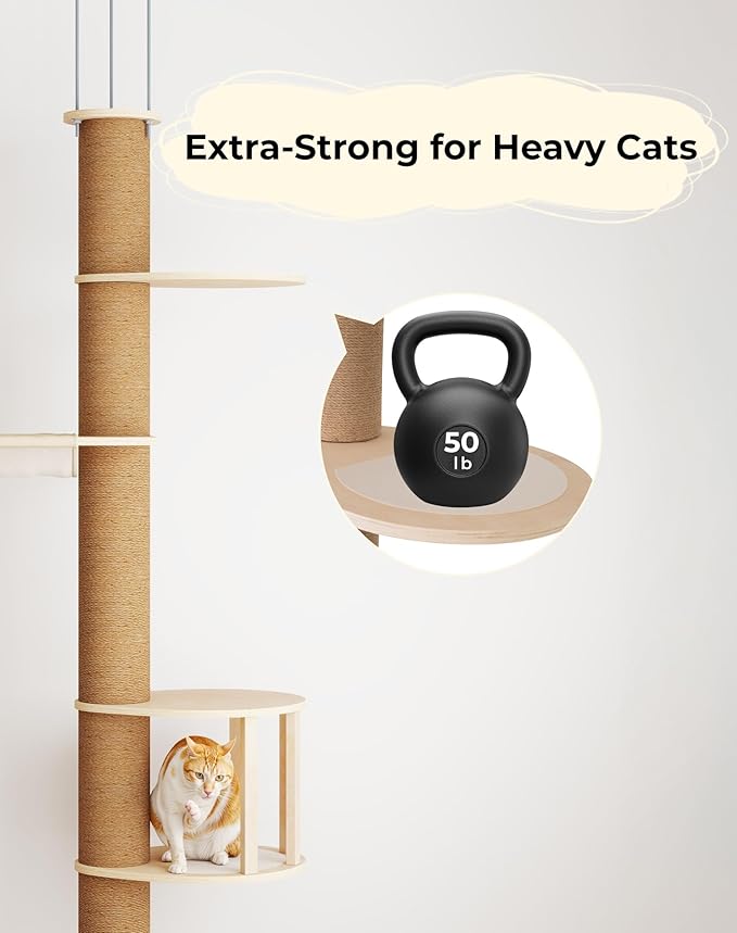 COZIWOW Floor-to-Ceiling Cat Tree, Adjustable (89-112 inches), Sturdy 5-Tier Tower for Large Cats. Features 5.5" Scratching Posts, Hammock, Platforms. Saves Space, enriches Indoor Play.