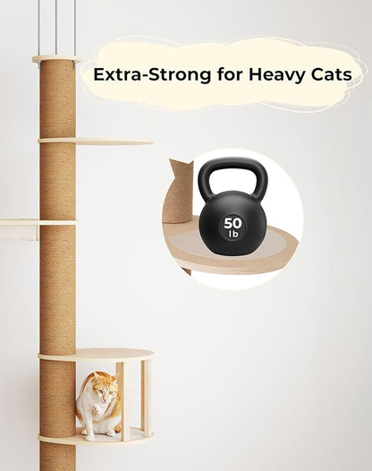 COZIWOW Floor-to-Ceiling Cat Tree, Adjustable (89-112 inches), Sturdy 5-Tier Tower for Large Cats. Features 5.5" Scratching Posts, Hammock, Platforms. Saves Space, enriches Indoor Play.