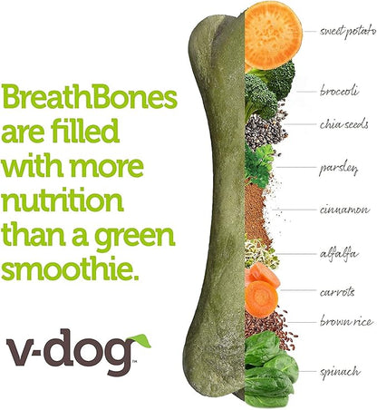 V-dog Dog Treats - Vegan Breathbone Teeth Cleaning Dental Bones - Fresh Breath - 8 Ounces - Minis - All Natural, Made in USA - 10 Bones - 3" Long - Easy to Digest