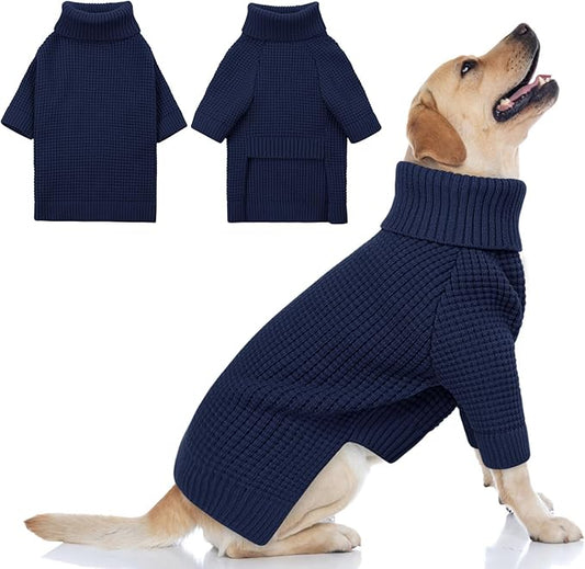Queenmore Soft Warm Large Dog Sweater, Large Dog Sweaters, Doggie Christmas Sweater, Waffle Knit Extra Large Puppy Sweater, Pull-on Pet Turtleneck Sweater, Navy Blue 3XL