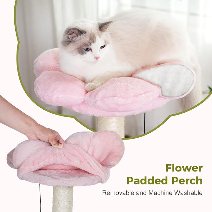 Flower Cat Tree 34 Scratching Post Small Cat Tower for Large Cats, with 15.7”Large Hammock, Removable Top Bed and Wide Condo for Indoor Cats-Pink and Green