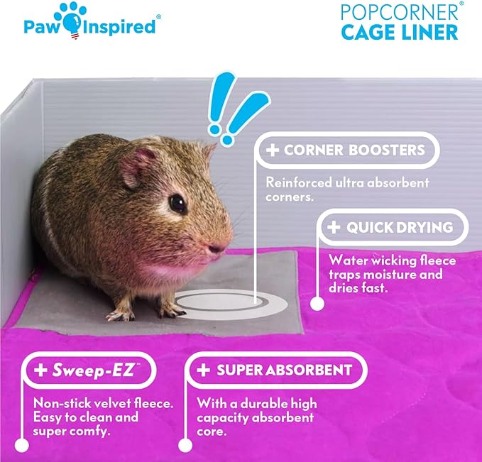 Paw Inspired PopCorner Guinea Pig Cage Liners | Washable Fleece Bedding or Pet Bed Mat for Small Animals | Super Absorbent Pee Pad with Reinforced Corners and Waterproof Bottom (C&C 2x3, Blue)