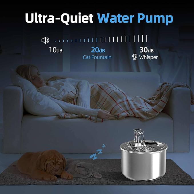 Cat Water Fountain, Stainless Steel Inside Ultra-Quiet Pump, 2L/67oz Automatic Dog Dispenser Water Bowl, Multiple Pets Water Fountain