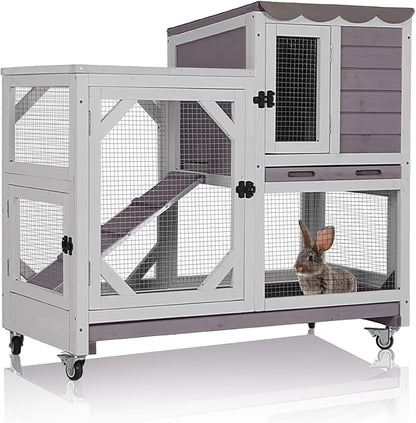 Aivituvin Rabbit Hutch Indoor Bunny Cage Outdoor 2-Story Guinea Pig House with Chew-Proof Ramp, Leak-Proof Tray, Lockable Wheels for Rabbits, Guinea Pigs, Small Animals (Grey)