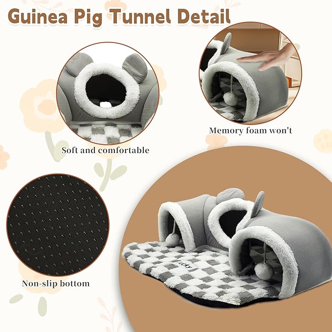 PINVNBY 3 Pcs Guinea Pig Hideout and Tunnel Bed, Removable Soft Bunny Tunnel Tube with Guinea Pig Liner Small Animal Tunnel Toy for Ferrets Hamster Hedgehog Kitty Chinchilla（Gray）