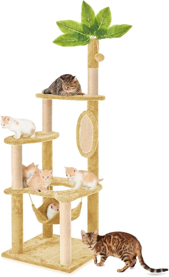 55" Cat Tree for with Green Leaves, Multi-Level Large Cat Tower with Hammock, Plush Cat House with Hang Ball Toy and Sisal Scratching Posts Furniture, Beige