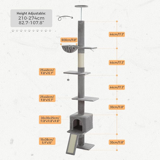 PETEPELA Floor to Ceiling Cat Tree[83"-108"], Cat Tower 5 Levels, Height Adjustable, Cat Scratching Post with Top Perches and Spacious Condo for Large Indoor Cats, Dark Grey