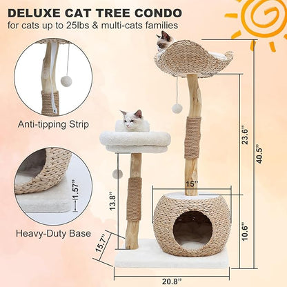 Modern Cat Tree Tower for Indoor Cats, Real Branch Luxury Cat Condo with Scratching Post, Jumping Platforms, Hanging Toy Ball for Multi-Cat Households