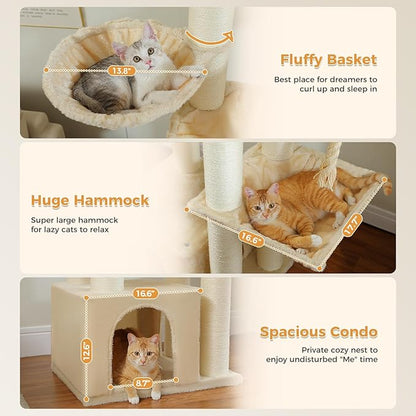 67" Heavy Duty Cat Tree for Indoor Cats Large Adult, XXL Cat Tower with 13 Thick Scratching Posts (φ4.3), Large Perch, Spacious Condo & Big Hammock - for Maine Coon up to 20 lbs, Beige