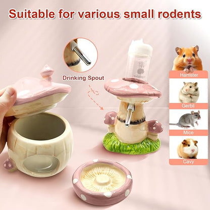 Mushroom Ceramic Hamster Hideout, Water Bottle with Stand, Food Bowl, Hamster Accessories (Pink)