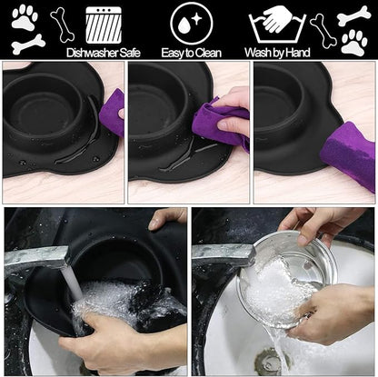 AsFrost Dog Food Bowls Stainless Steel Dog Bowls, Dog Food and Water Bowl Set with No Spill Non-Skid Silicone Mat, Dog Dishes for Small Medium Large Sized Dogs Pet Cat Food Bowls, 6 Cup, Black