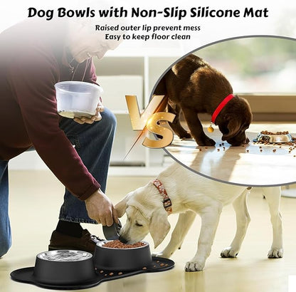 AsFrost Dog Food Bowls Stainless Steel Dog Bowls with No Spill Non-Skid Silicone Mat, Dog Food and Water Bowl Set, Dog Dishes for Small Medium Large Sized Dogs Pet Food Feeding Bowls, 4 Cup, Black
