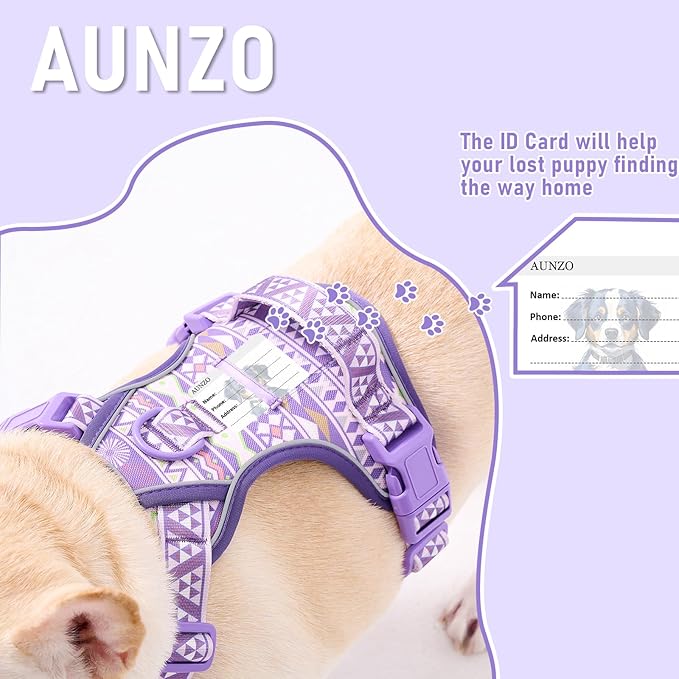 Small Dog No Pull Dog Harness, Pet Harness with ID Card Reflective Strip Soft Padded Handle, Adjustable Vest Harness for Walking Hiking Training, Geometric Pattern, Beagle, Purple Ethnic, S