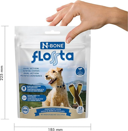 N-Bone Flossta Dual Action Dental Chews for Dogs, Unique Twist Shape for Deep Teeth Cleaning and Proactive Dental Care, Peanut Butter Flavor, 15 Count 12-oz Bag