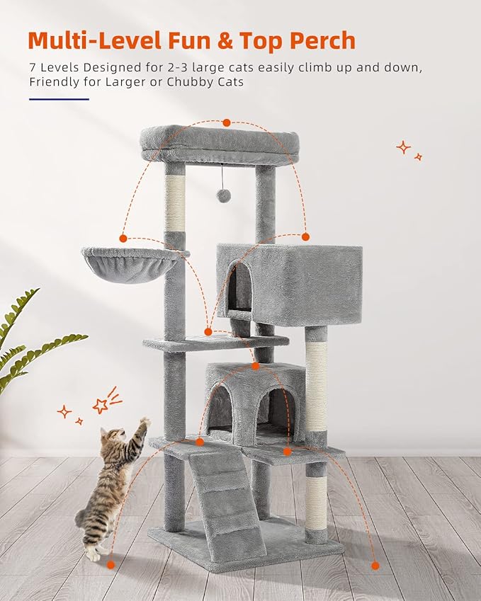 PEQULTI 56.3'' Cat Tree for Large Cats with Super Large Top Perch, Tower for Indoor Cats with Hammock and Sleeping Bag, Cat Shelves with Scratching Posts and 2 Condos Houses Grey